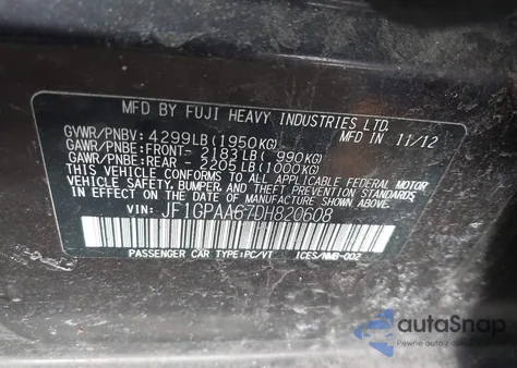 2013 Subaru Impreza 2.0I from USA, damaged, VIN JF1GPAA67DH820608